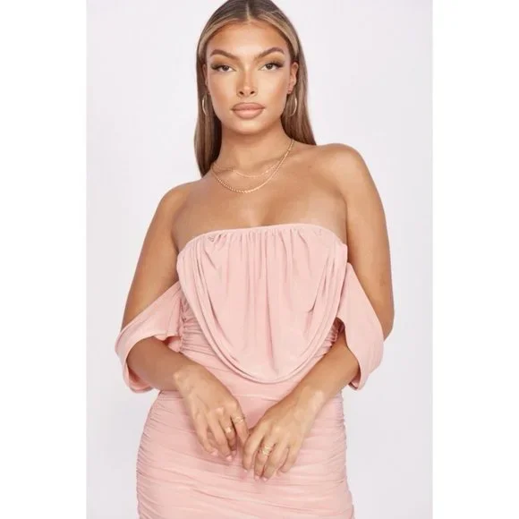 Pink Short Sleeve Off Shoulder Ruched Bodycon Midi Dress - Picture 2 of 14
